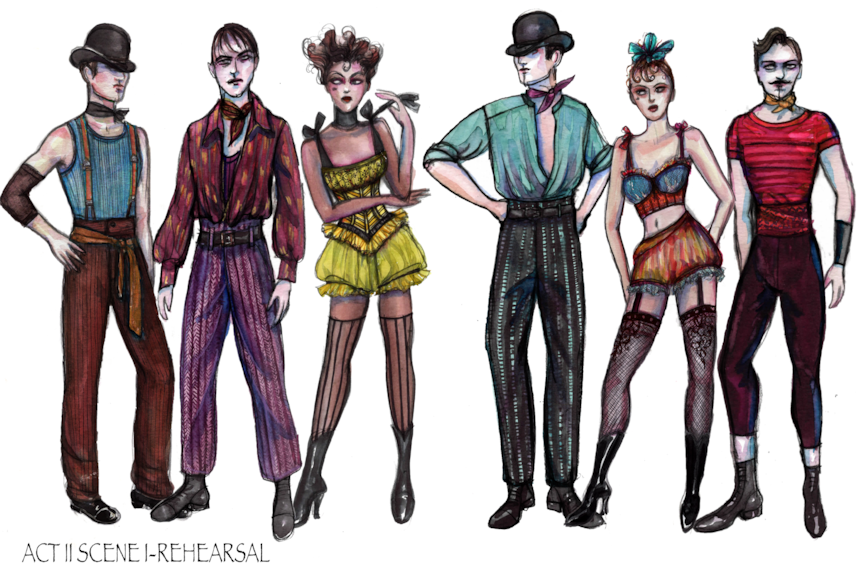 A drawing of six people in burlesque and 19th century clothing