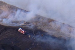 Aerial shot of fire at coal mine at Morwell in Vic