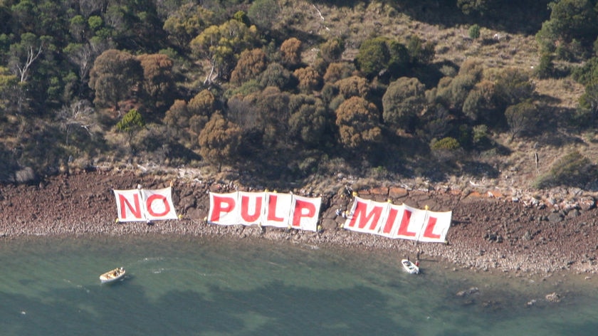 Protesters unfurl 60 metre banner at Gunns' Bell Bay pulp mill site
