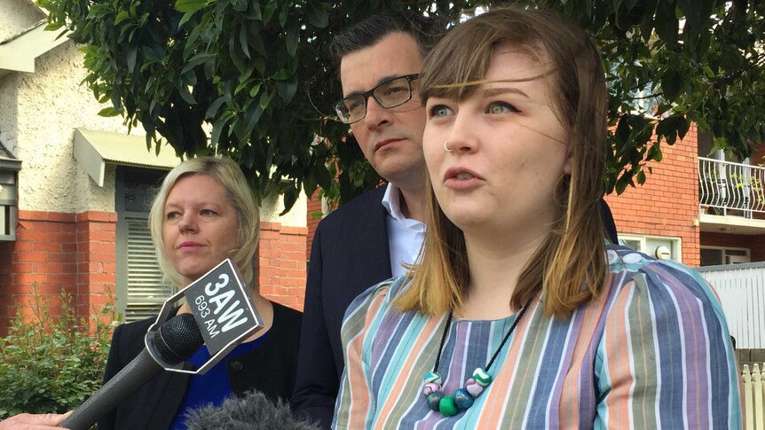 Grace Reeves talking about the difficulties of renting at a press conference with Daniel Andrews.