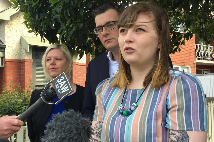 Grace Reeves talking about the difficulties of renting at a press conference with Daniel Andrews.