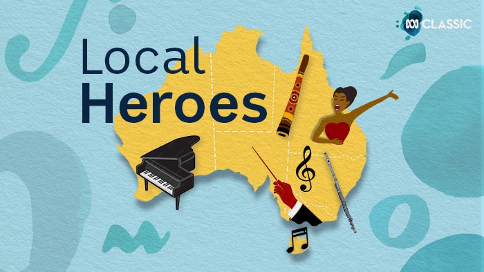 A yellow map of Australia on a blue background with musical images overlaid and the words 'Local Heroes'.