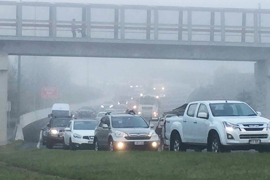 Peak hour traffic on Western Freeway on foggy Brisbane morning on Monday, May 15, 2017