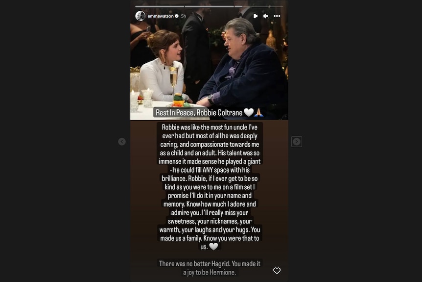 艾玛·沃特森在 Instagram 上称赞罗比·科尔特兰的帖子截图，沃森和科尔特兰谈话的照片 
