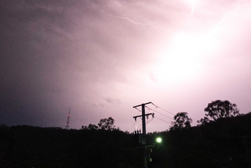 Lightning flashes across the sky at Mt Coot-tha in Brisbane during storms.