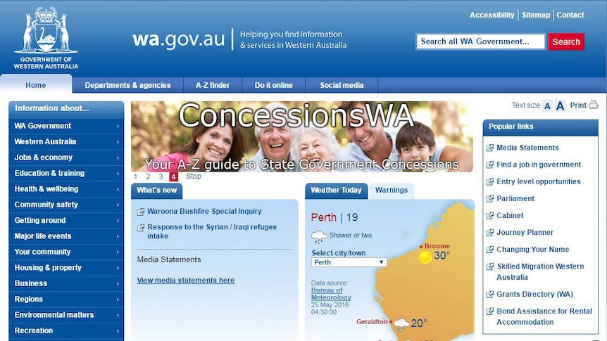 Screenshot of West Australian government website showing map of WA.
