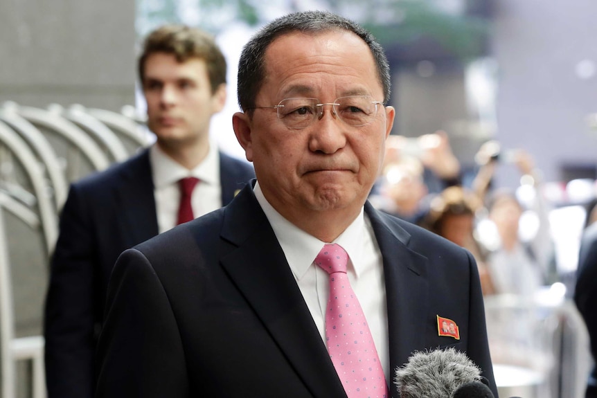 North Korea's Foreign Minister Ri Yong Ho speaks outside the UN Plaza Hotel.
