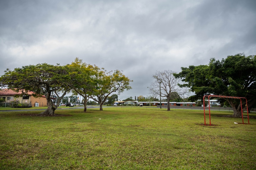 A wide shot of a park with trees and some play equipment on a gray day