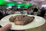 A piece of steak on a white plate at an event.