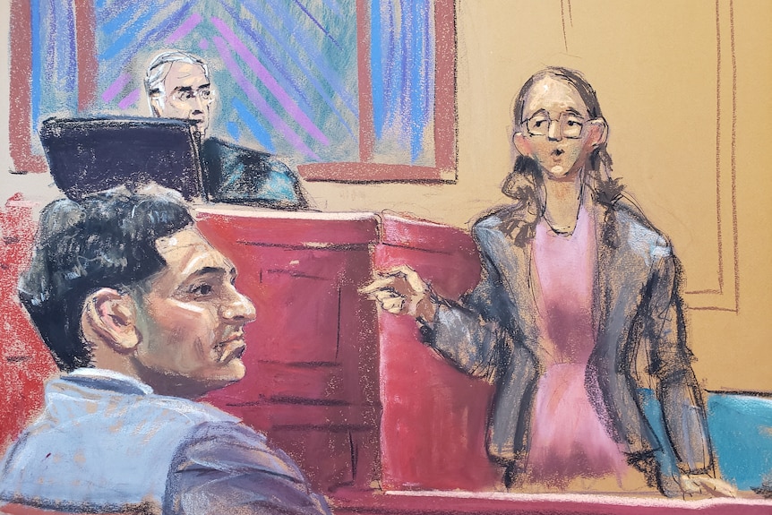 A court sketch of Caroline Ellison pointing to Sam Bankman-Fried