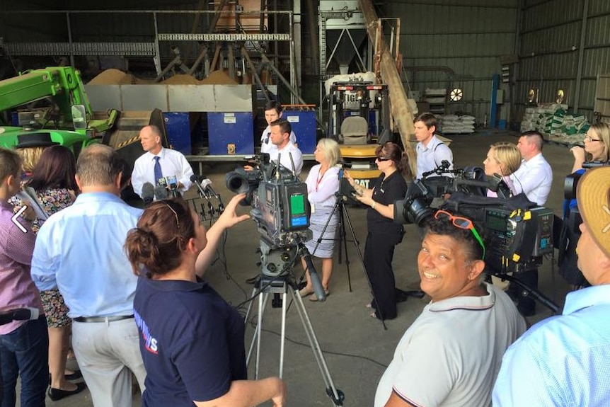 The media pack waiting for a press conference to start in central Queensland.