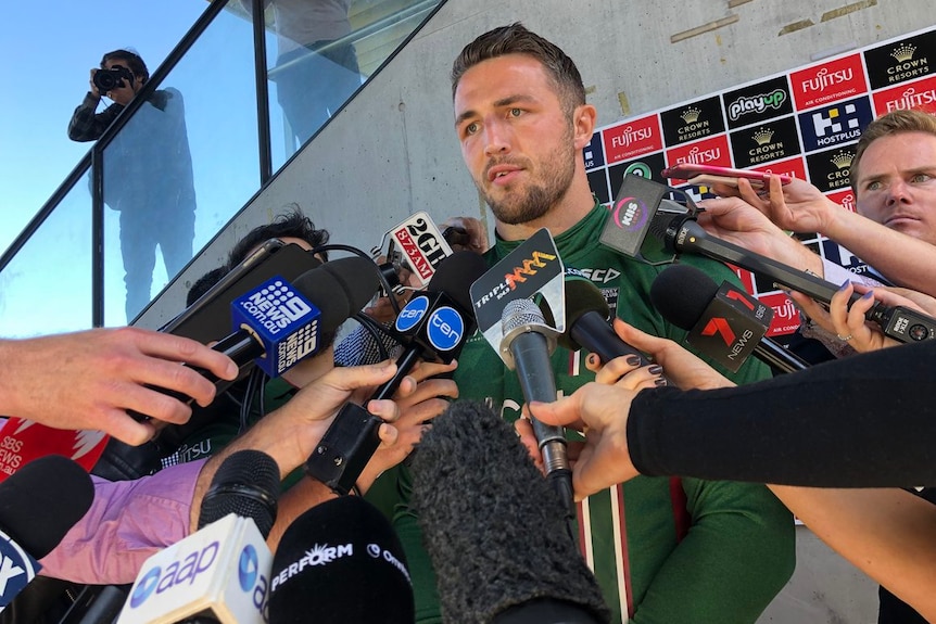 South Sydney's Sam Burgess addresses the media at Redfern Oval on September 18, 2018.