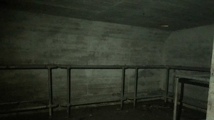 Rows of bunk beds are positioned against walls in the bunker.