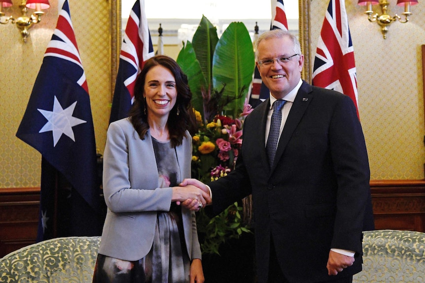New Zealand Prime Minister Jacinda Ardern, left, poses with Australian Prime Minister Scott Morrison.
