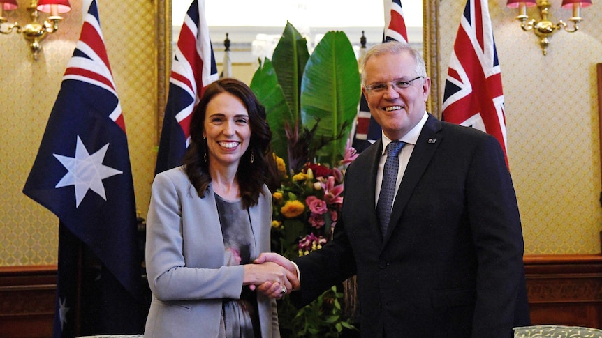 New Zealand Prime Minister Jacinda Ardern, left, poses with Australian Prime Minister Scott Morrison.