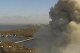 Smoke rises following military strike on Mykolaiv administration building in southern Ukraine