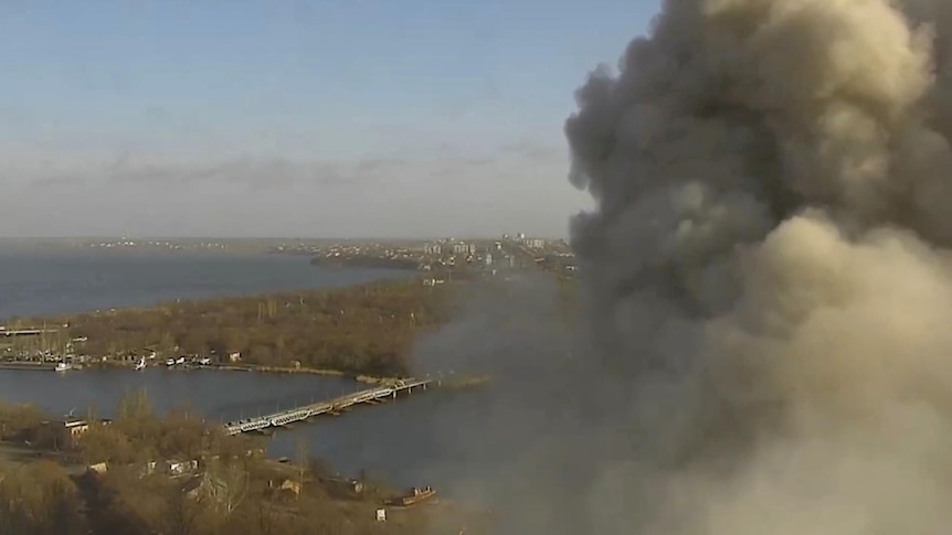 Smoke rises following military strike on Mykolaiv administration building in southern Ukraine