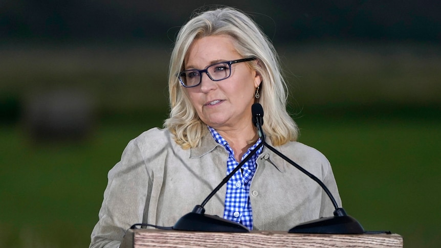 A bespectacled blonde woman in a beige jacket speaks into two mics at a timber lecturn.
