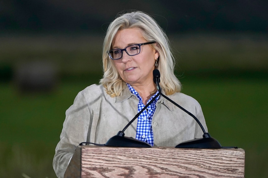 A bespectacled blonde woman in a beige jacket speaks into two mics at a timber lecturn.