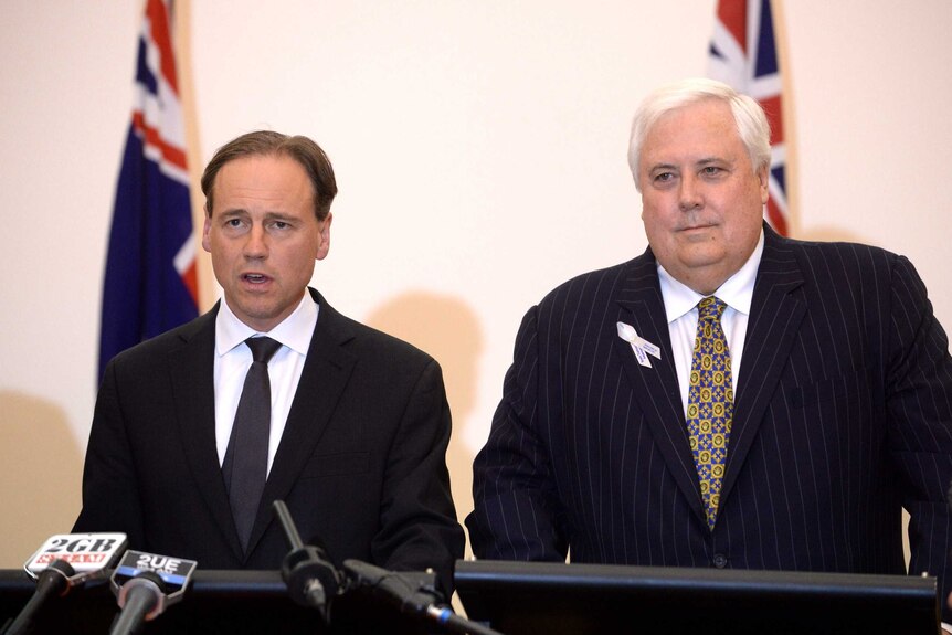 Greg Hunt and Clive Palmer announce their deal yesterday.