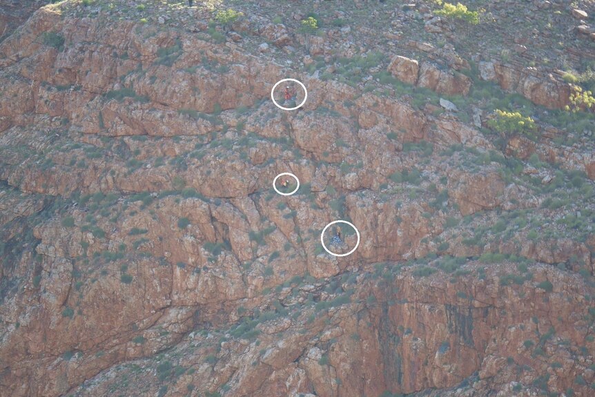 Long-distance image of rescuers climbing a cliff face.