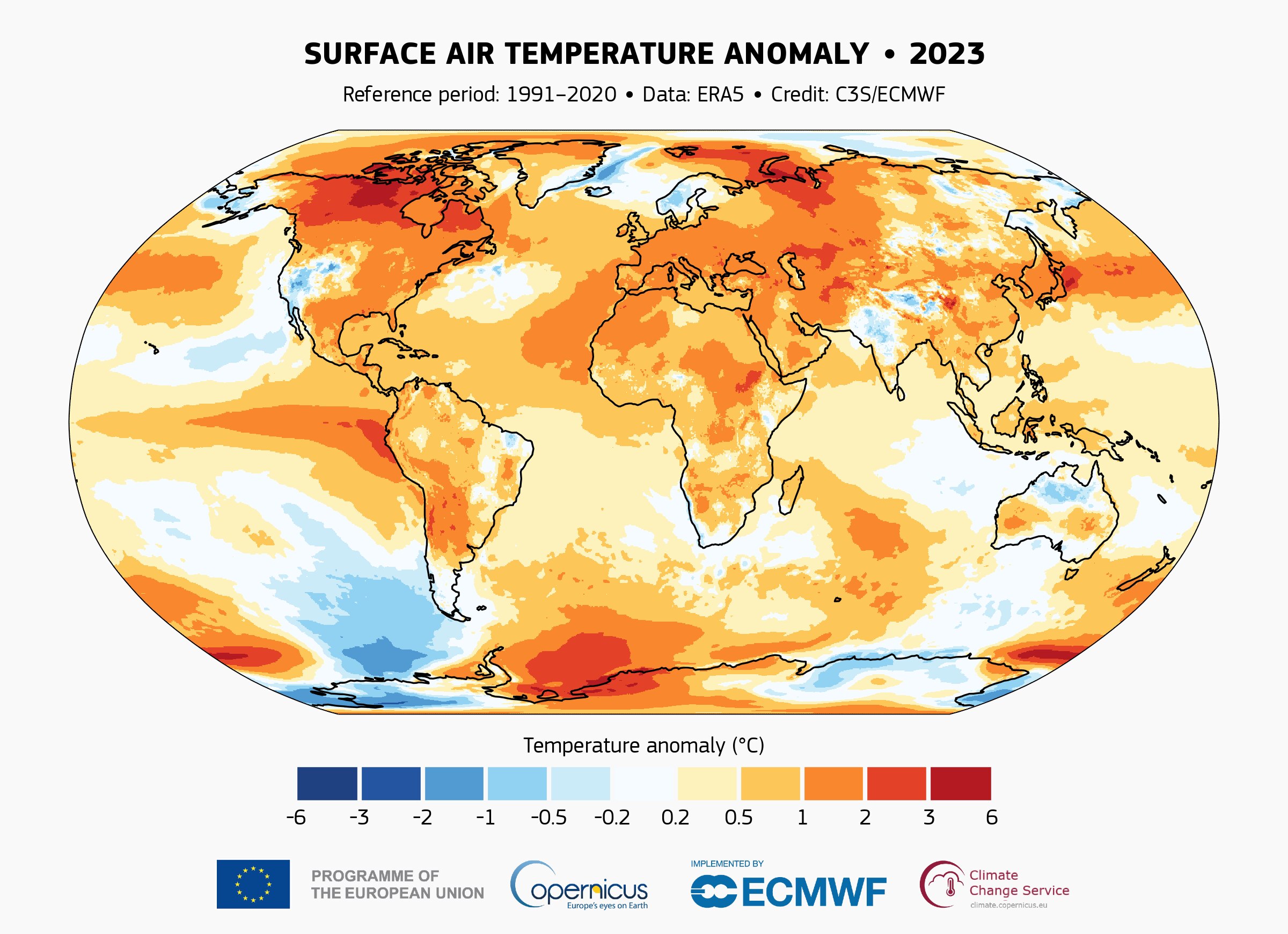 Surface air temperature anomaly for 2023 relative to the average for the 1991-2020 reference period. 
