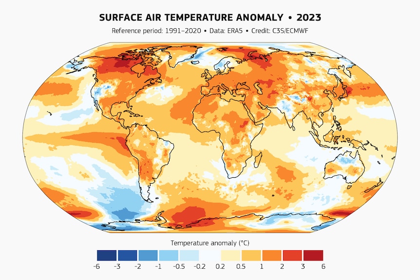 Surface air temperature anomaly for 2023 relative to the average for the 1991-2020 reference period. 
