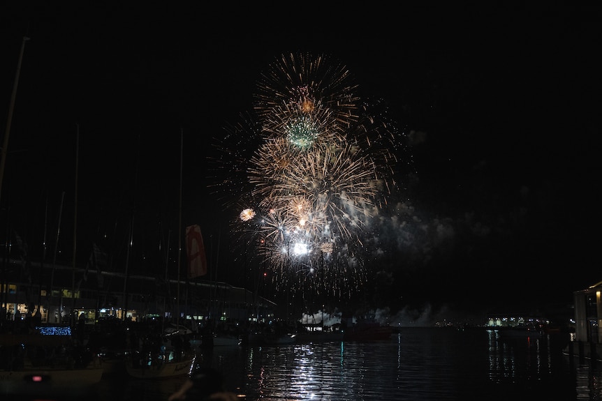 Fireworks explode in the air over water.