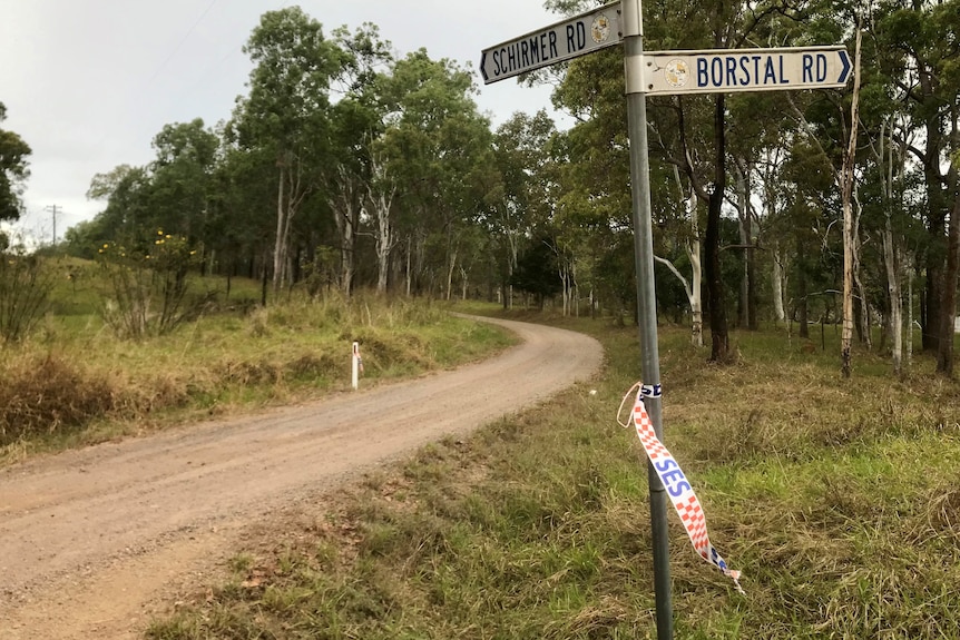 A dirt road with trees in the background. A street sign in the foreground has SES tape hanging off it. 