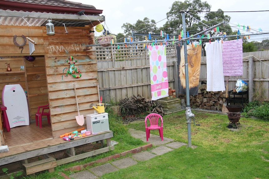 The cubby house in Sonya Singh's backyard surrounded by toys and a clothesline.