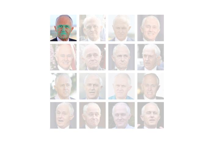 A collection of photos of Malcolm Turnbull, one of which is overlaid by a facial recognition mesh.