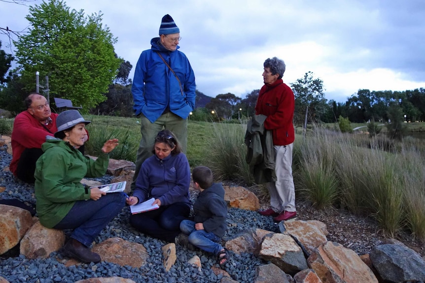 Volunteers listen for frog calls and record their findings at Dickson Wetland.