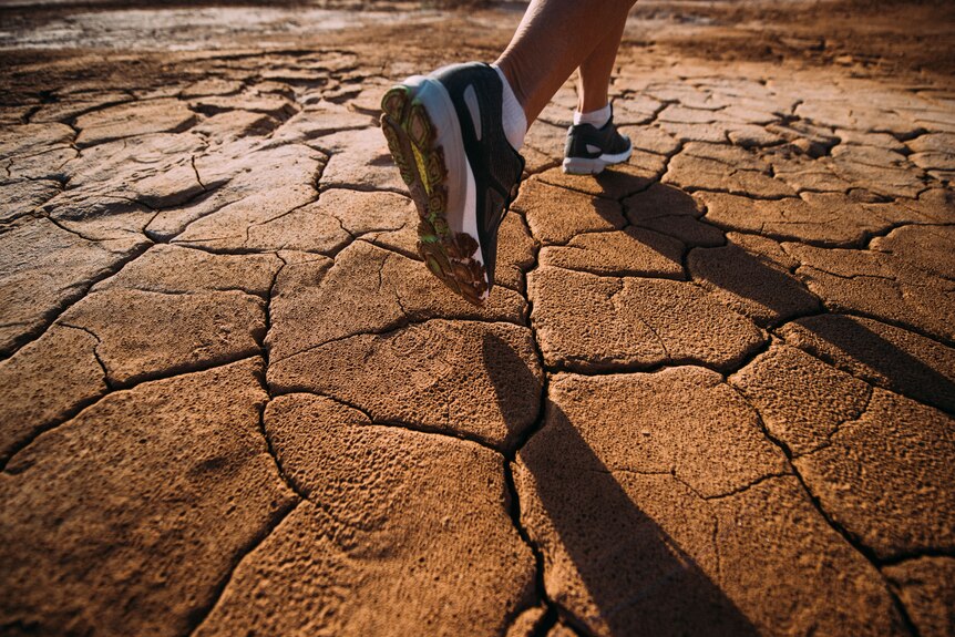 Close up of Mina's feet wearing running shoes, jogging on brown, cracked earth.