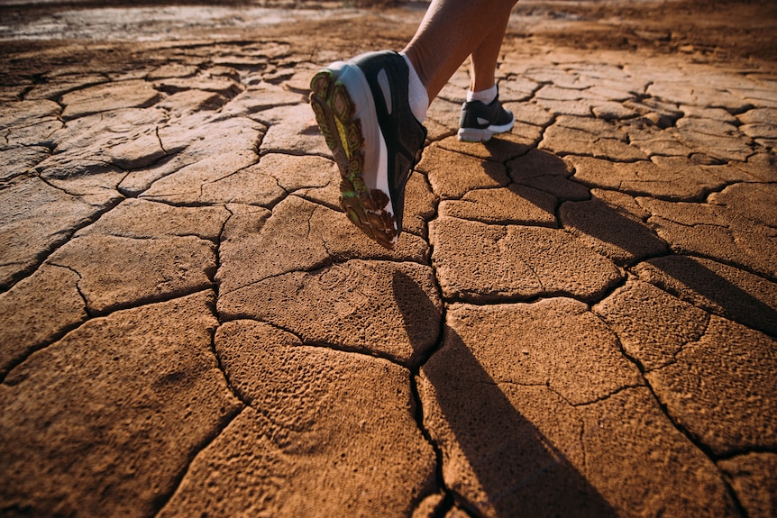 Close up of Mina's feet wearing running shoes, jogging on brown, cracked earth.