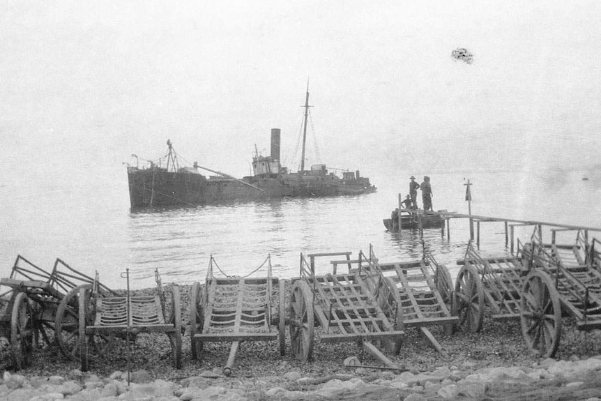 Military boat and equipment on beach at Gallipoli in 1915
