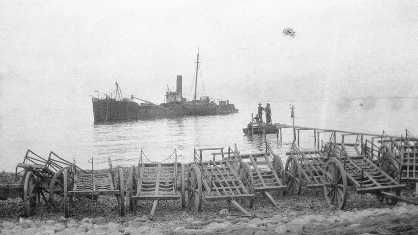 Military boat and equipment on beach at Gallipoli in 1915