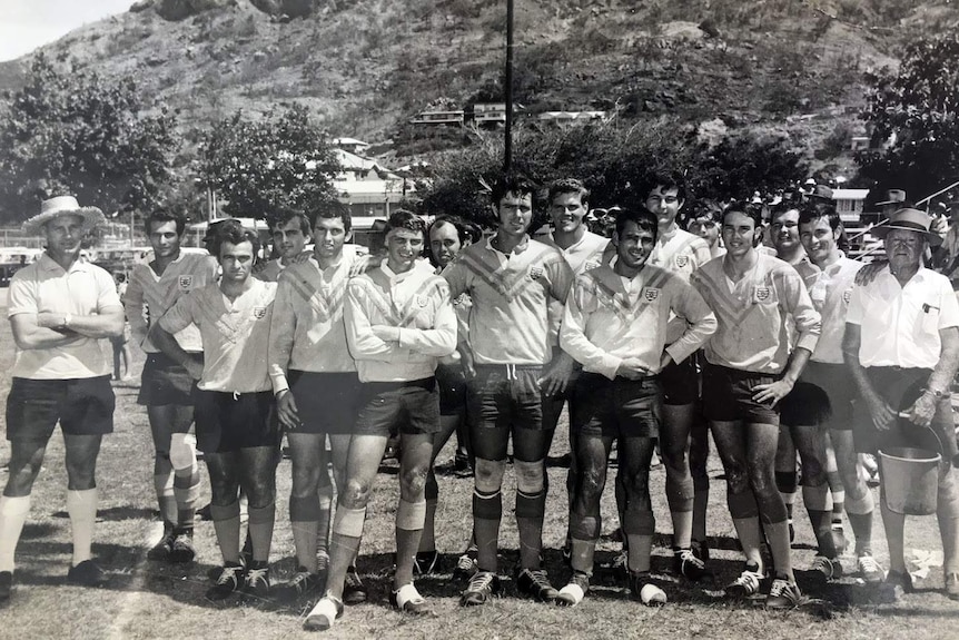 Black and white photo of footballers