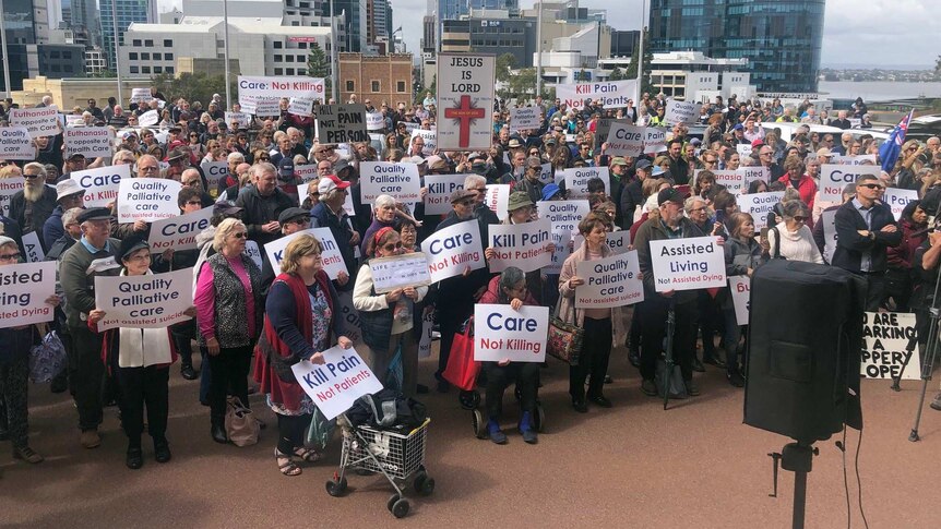 Hundreds of people gathered to protest against proposed voluntary assisted dying laws.