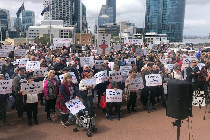 Hundreds of people gathered to protest against proposed voluntary assisted dying laws.