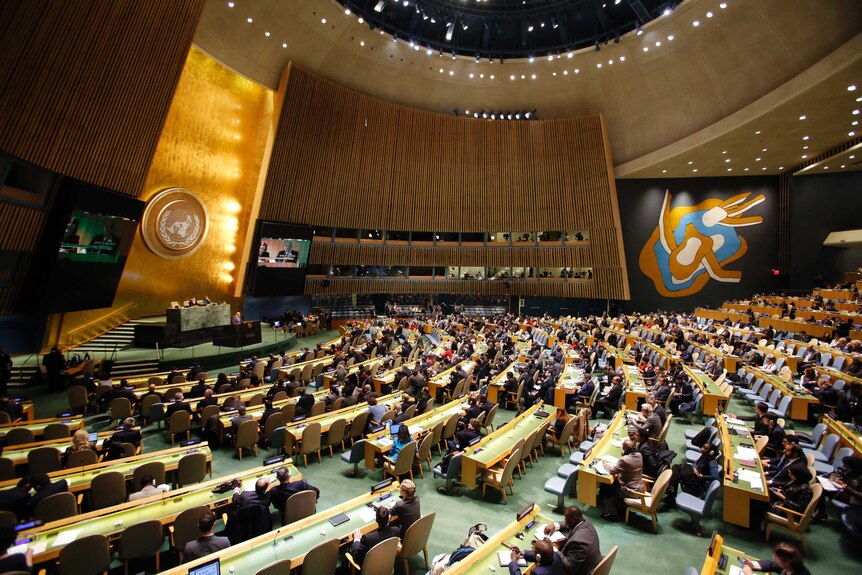 A wide shot of UN members sitting in the General Assembly at the UN headquarters