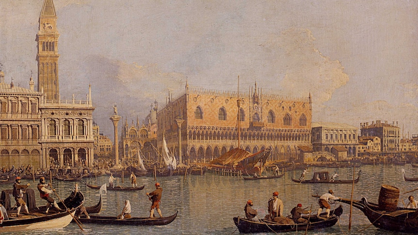 A painted scene of Venice's Ducal Palace with a muted grey sky in the background, and gondolas on the water in the foreground.