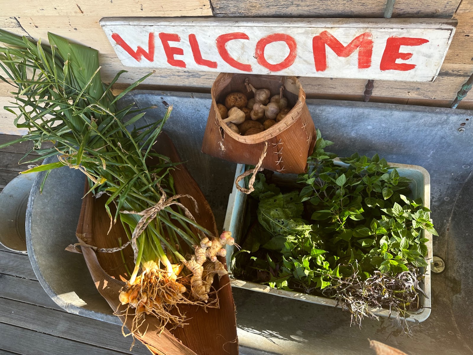 Las verduras están sobre una mesa debajo de un cartel de bienvenida.