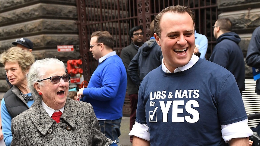 Liberal Member of Parliament Tim Wilson with Yes vote campaign supporters at Melbourne Town Hall.
