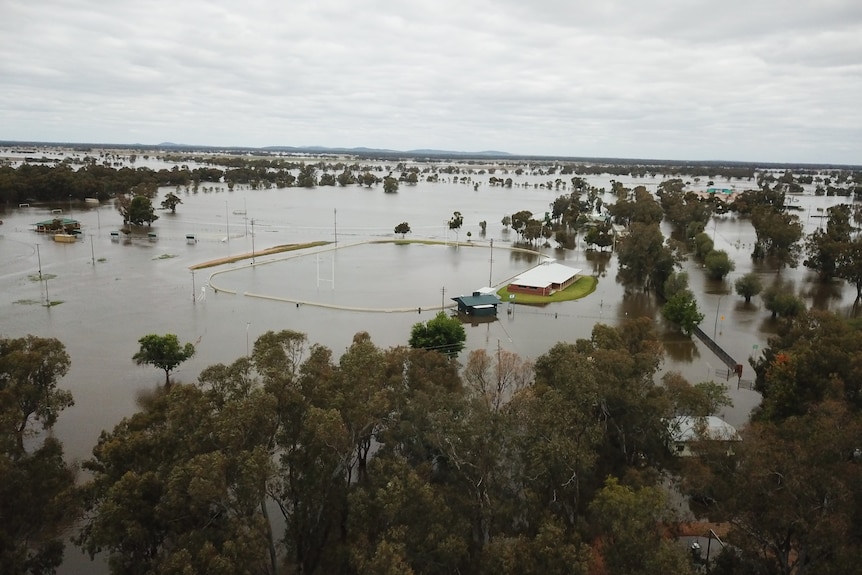 A drone shot of a footy field underwater