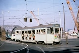 A tram coming off Victoria Bridge in Brisbane