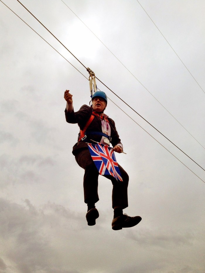 Boris Johnson gets caught on a zip line
