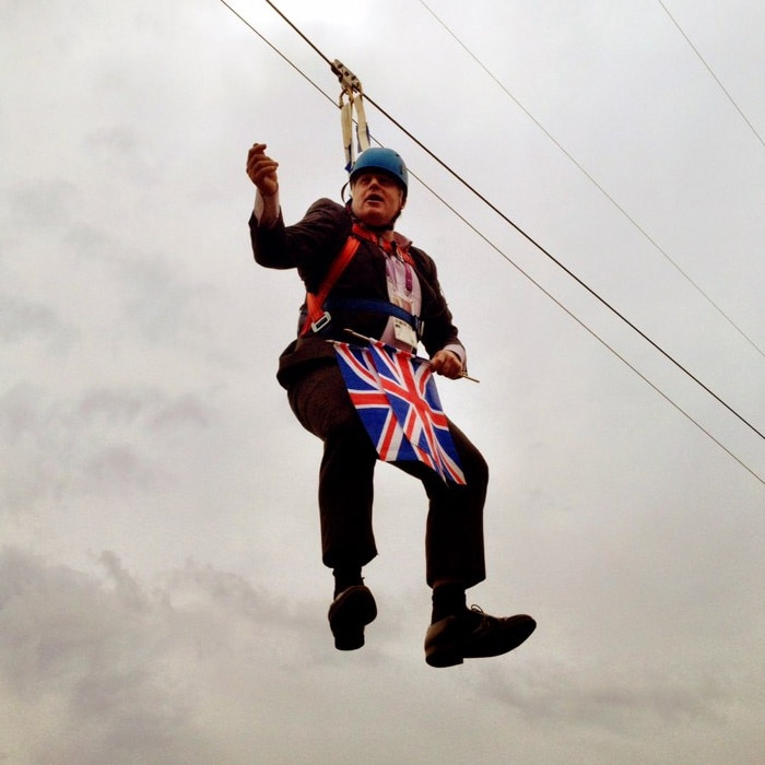 Boris Johnson gets caught on a zip line