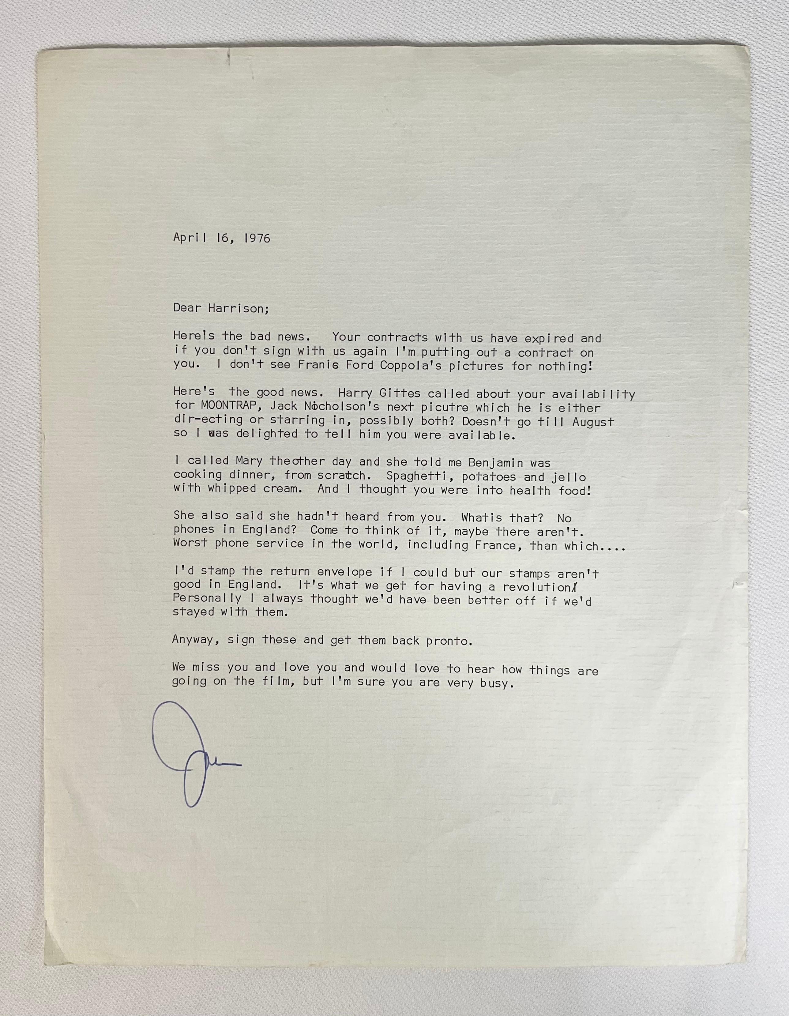A letter typed out addressed to Harrison Ford. 