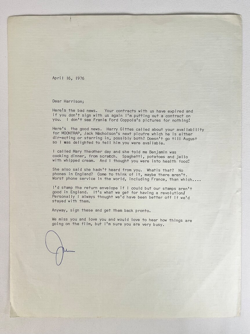 Une lettre dactylographiée adressée à Harrison Ford. 