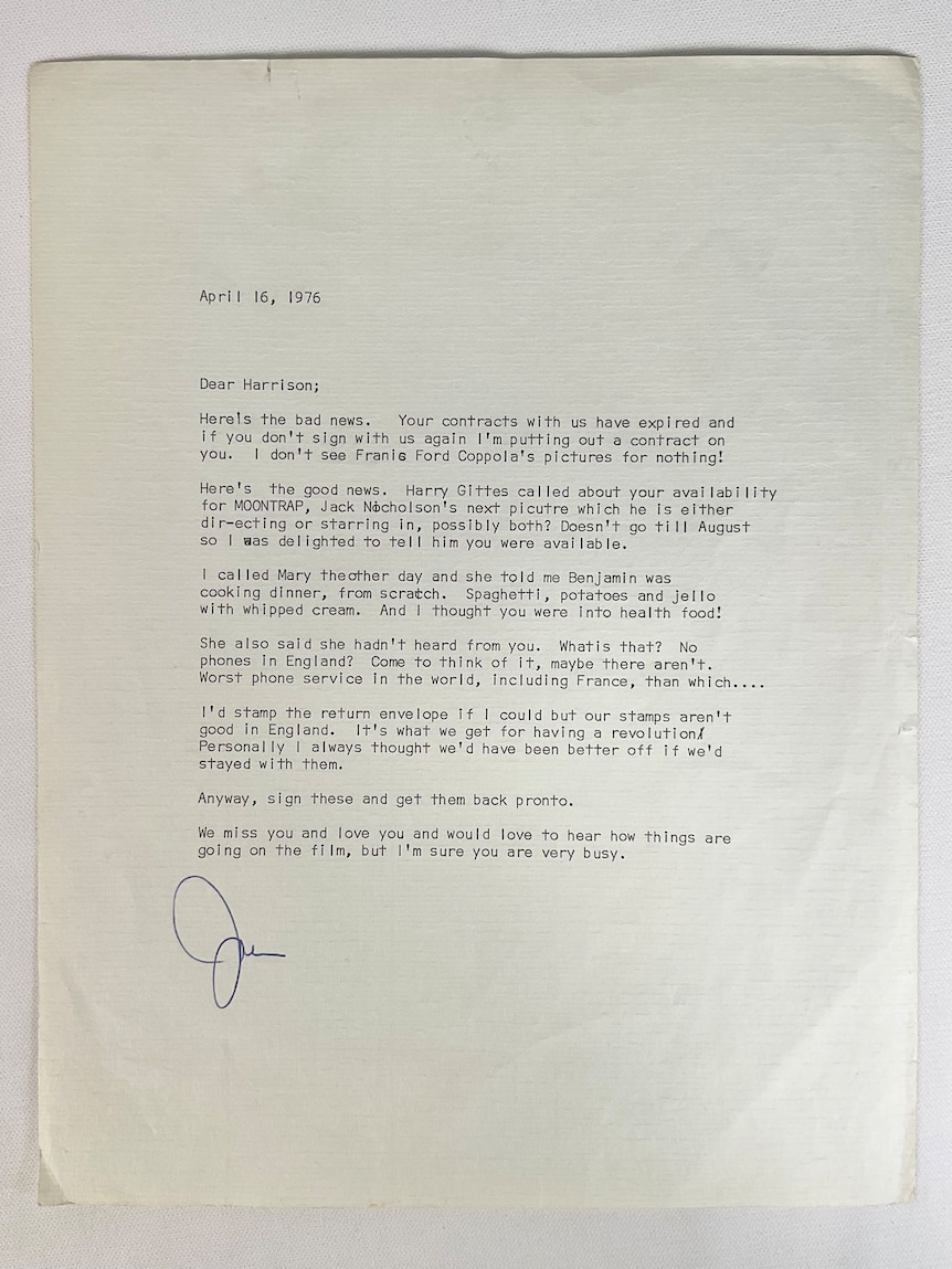 Una carta mecanografiada dirigida a Harrison Ford. 